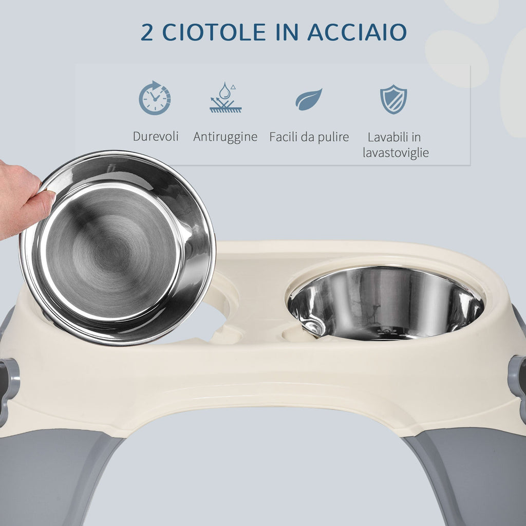 Double Raised Dog Bowl in Stainless Steel and Plastic with Non-Slip Feet, 47x25x20cm, White and Grey - Borge' Group Limited