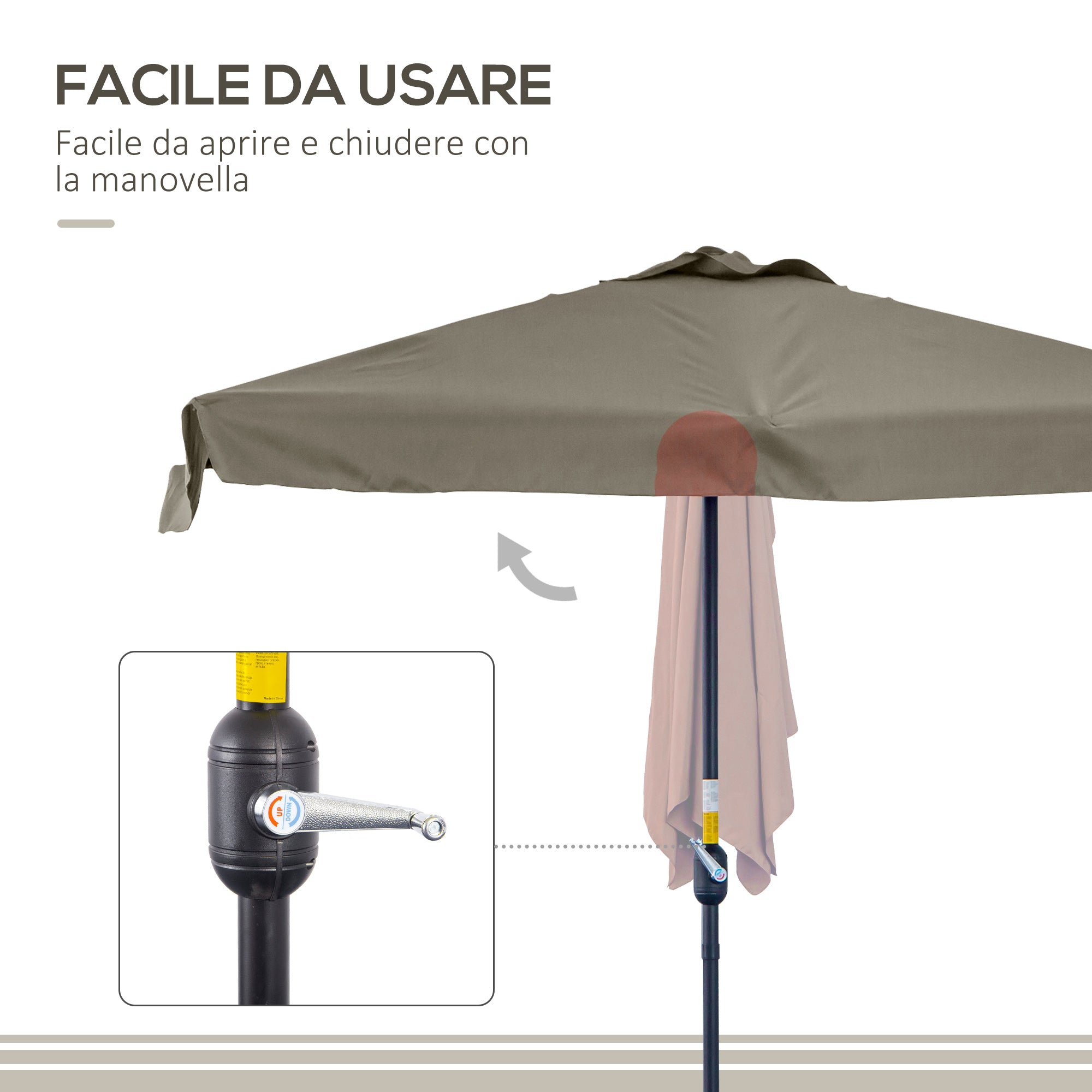 2.3x1.3m Semicircular Wall-Mounted Patio and Garden Umbrella with Crank Handle, Coffee - Borge' Group Limited