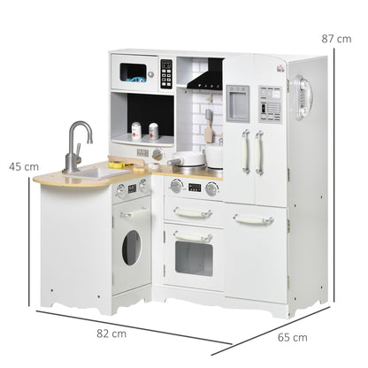 Kitchen for children 3-6 years in wood with sounds, 14 accessories, oven, sink and fridge, 82x65x87cm - white - Borgè