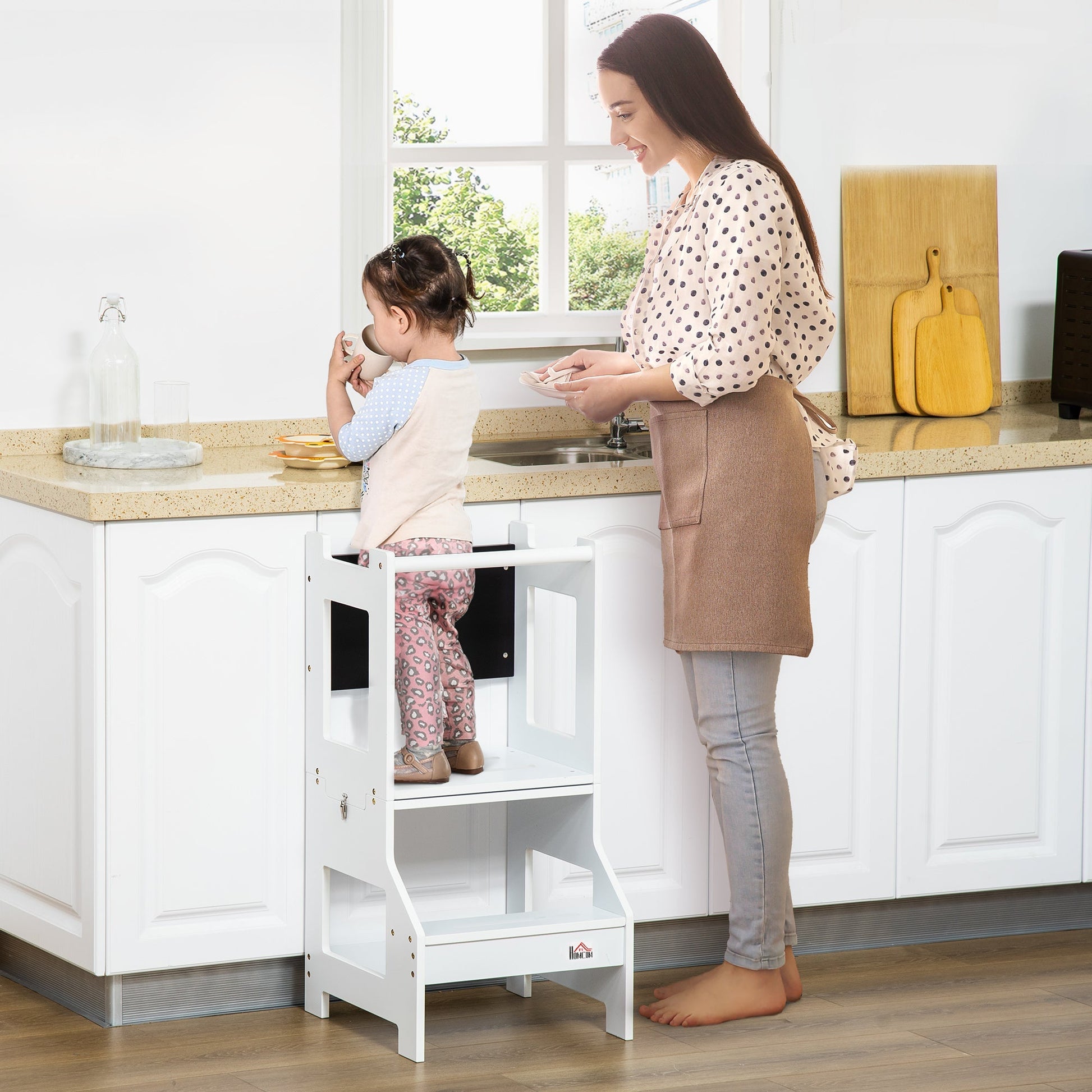 Qaba Scala Montessori 2 in 1 in detachable MDF, with stool, blackboard included, for children 3-6 years old, white - Borgè