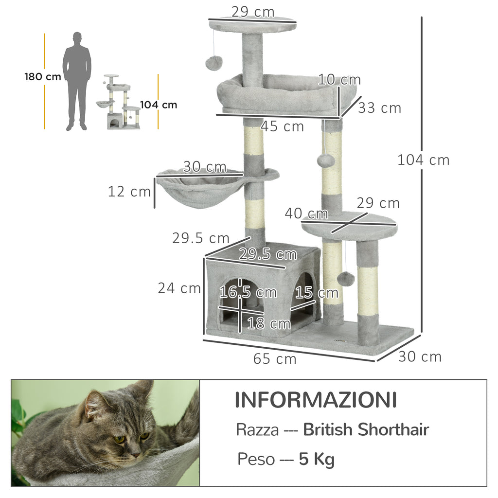 Cat Tree for cats with Scratch Pole i, 65x30x104 cm, light gray - Borgè