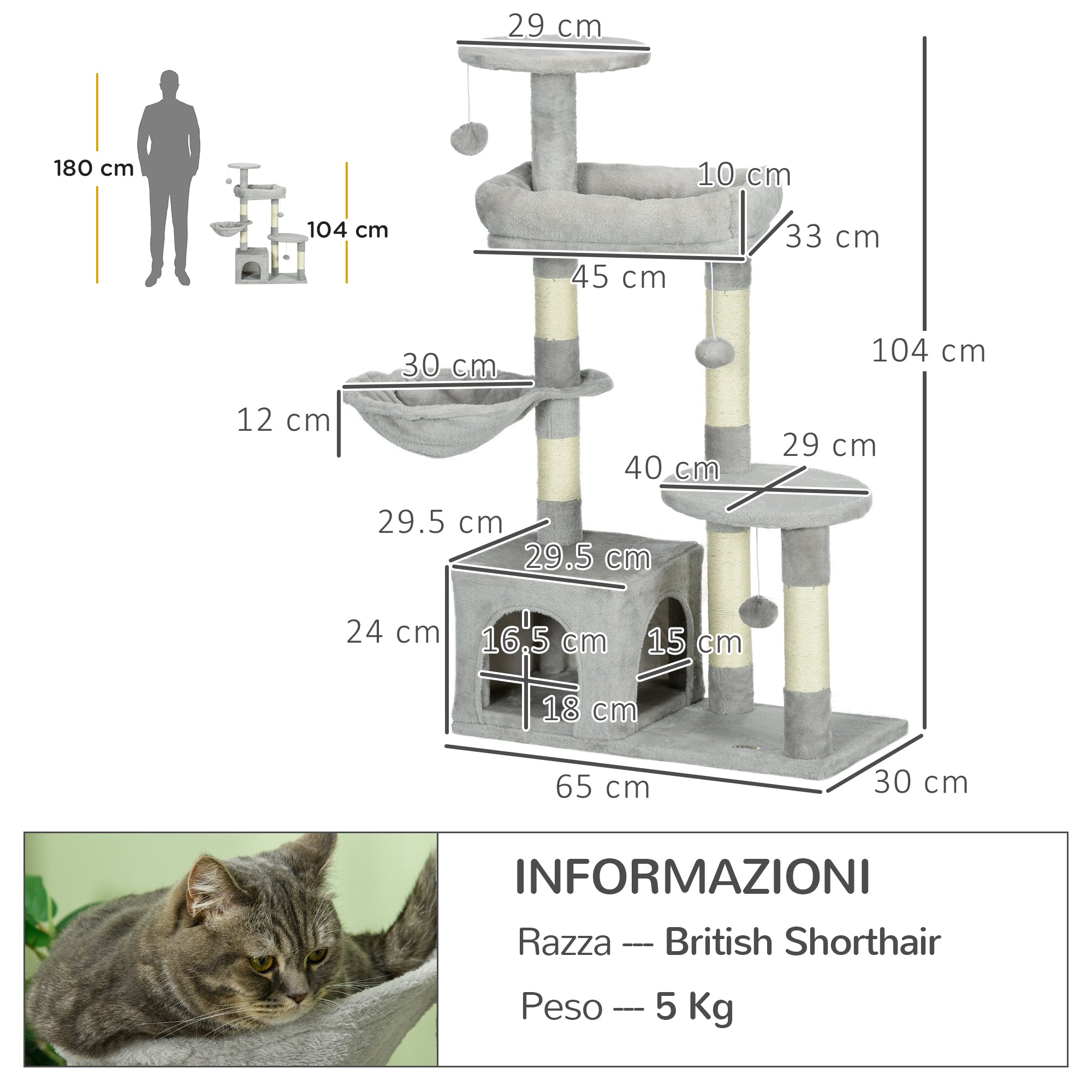 Cat Tree for cats with Scratch Pole i, 65x30x104 cm, light gray - Borgè