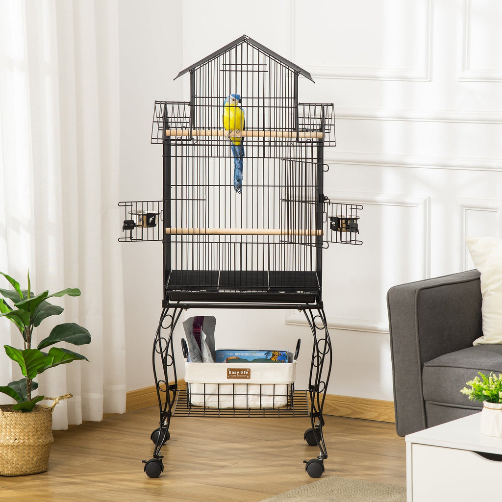 Indoor Wooden Bird Cage with Tray, 4 Wheels and Perch, 50x49x137cm - Borge' Group Limited