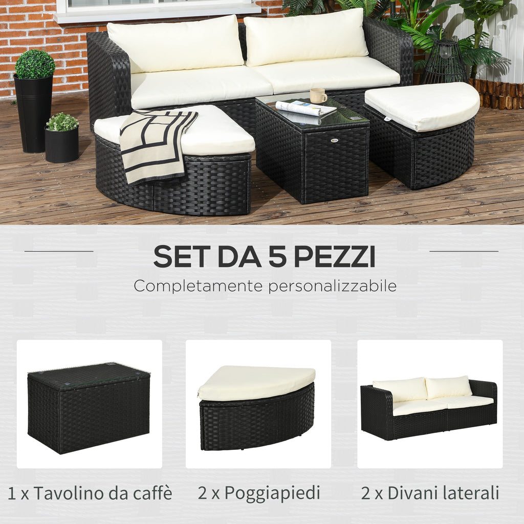 Garden Lounge Set with 2 Chairs and 2 Footstools in PE Rattan, Glass Coffee Table, Black - Borge' Group Limited