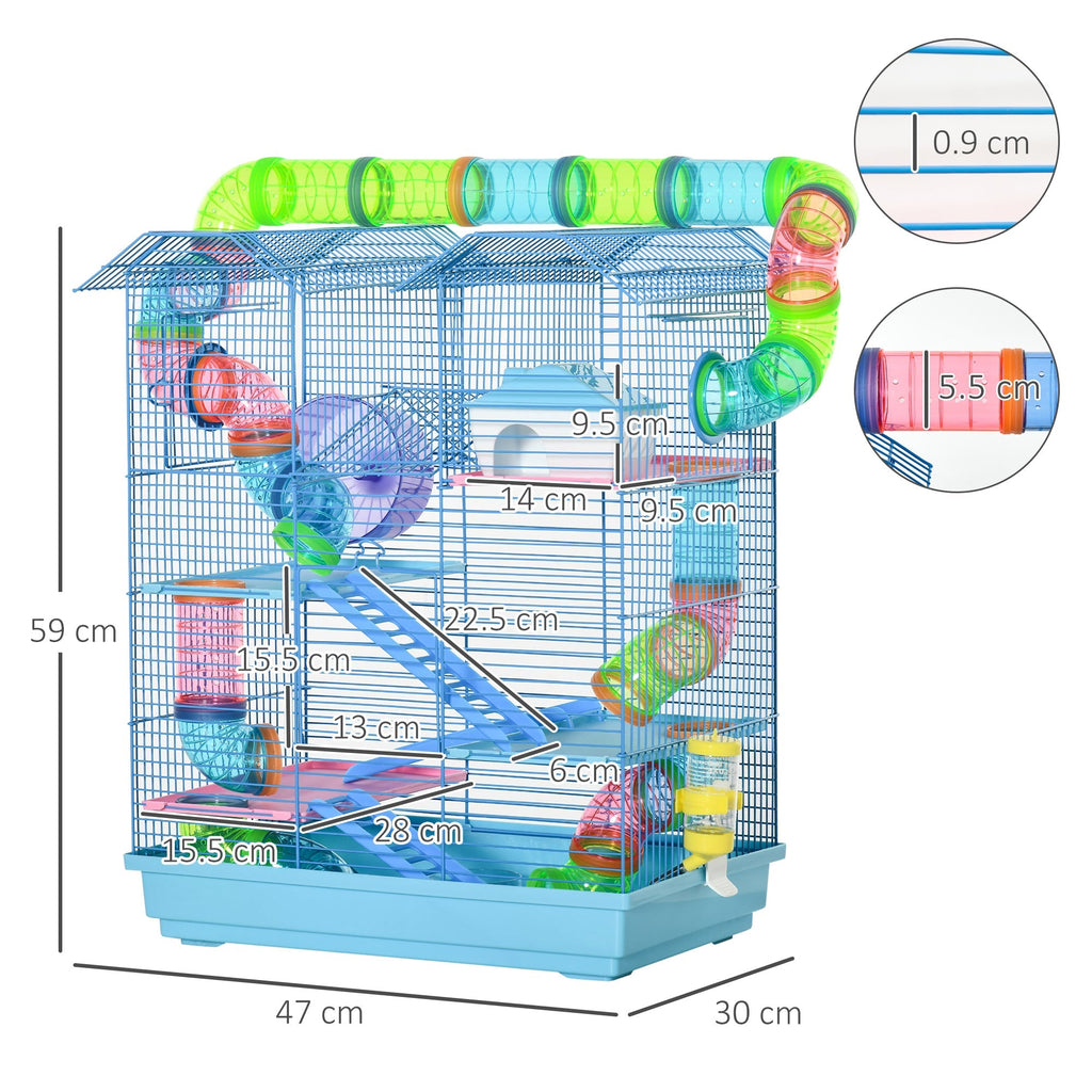 Pawhut for hamsters and 5 -storey rodents with colored pipes, wheel, small house and accessories included, blue, 47x30x59cm - Borgè