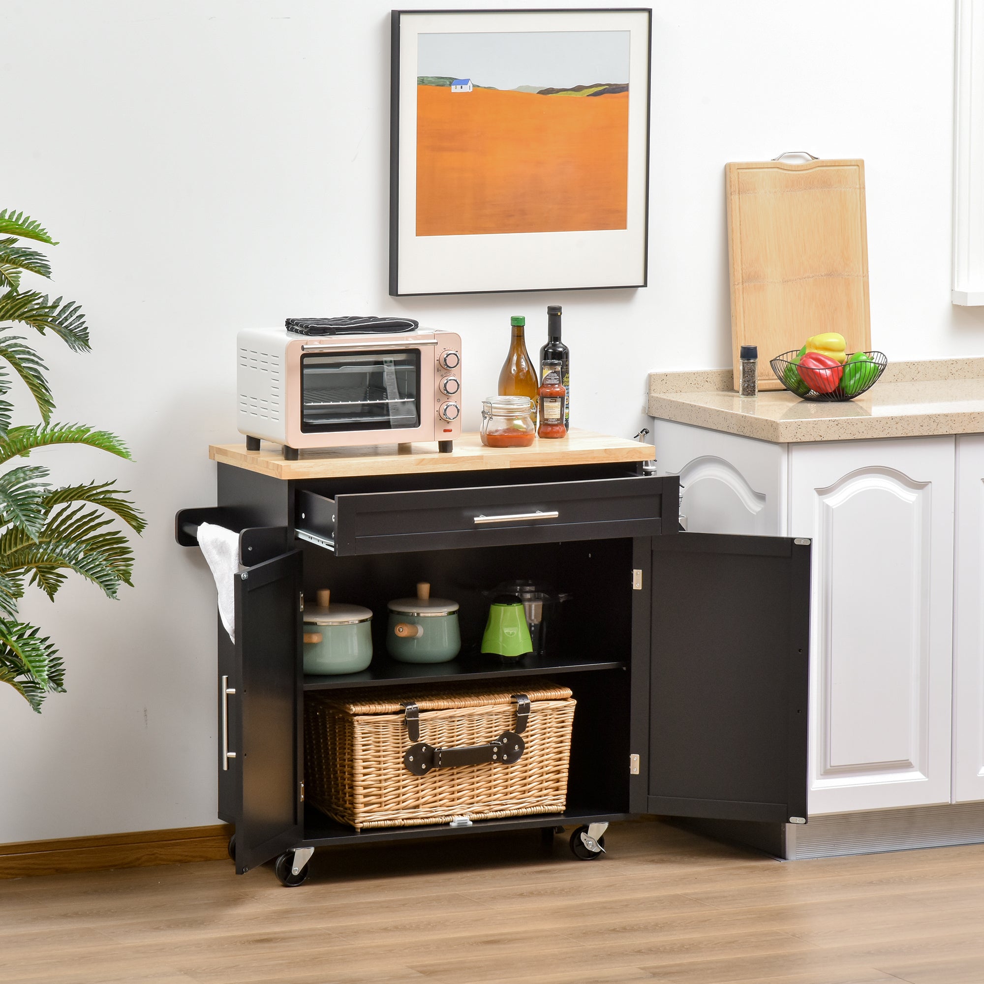 Kitchen Cart with drawer, door holders and locker, 4 wheels and wooden work surface, 109x40x89cm - Black - Borgè