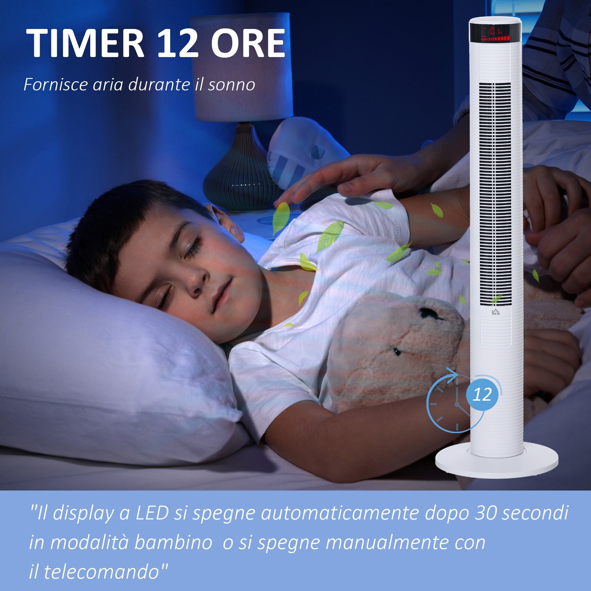 White Tower fan with 3 speeds and 4 modes, 12h timer, led panel and remote control - Borgè