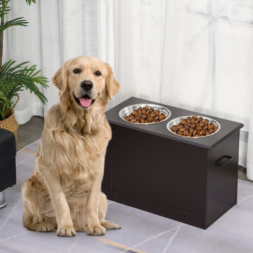 Raised Bowls for Large Dogs, MDF Bowl Stand with 2 Stainless Steel Bowls, 60x30x41 cm, Brown - Borge' Group Limited