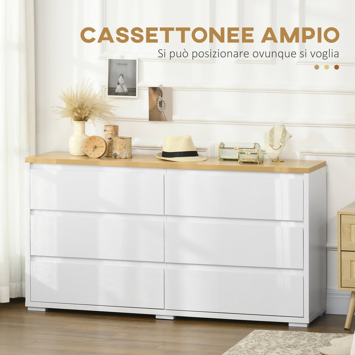 Homcom drawer 6 drawers modern in chipboard for bedroom and entrance, 140x37x75cm, white and wooden color - Borgè