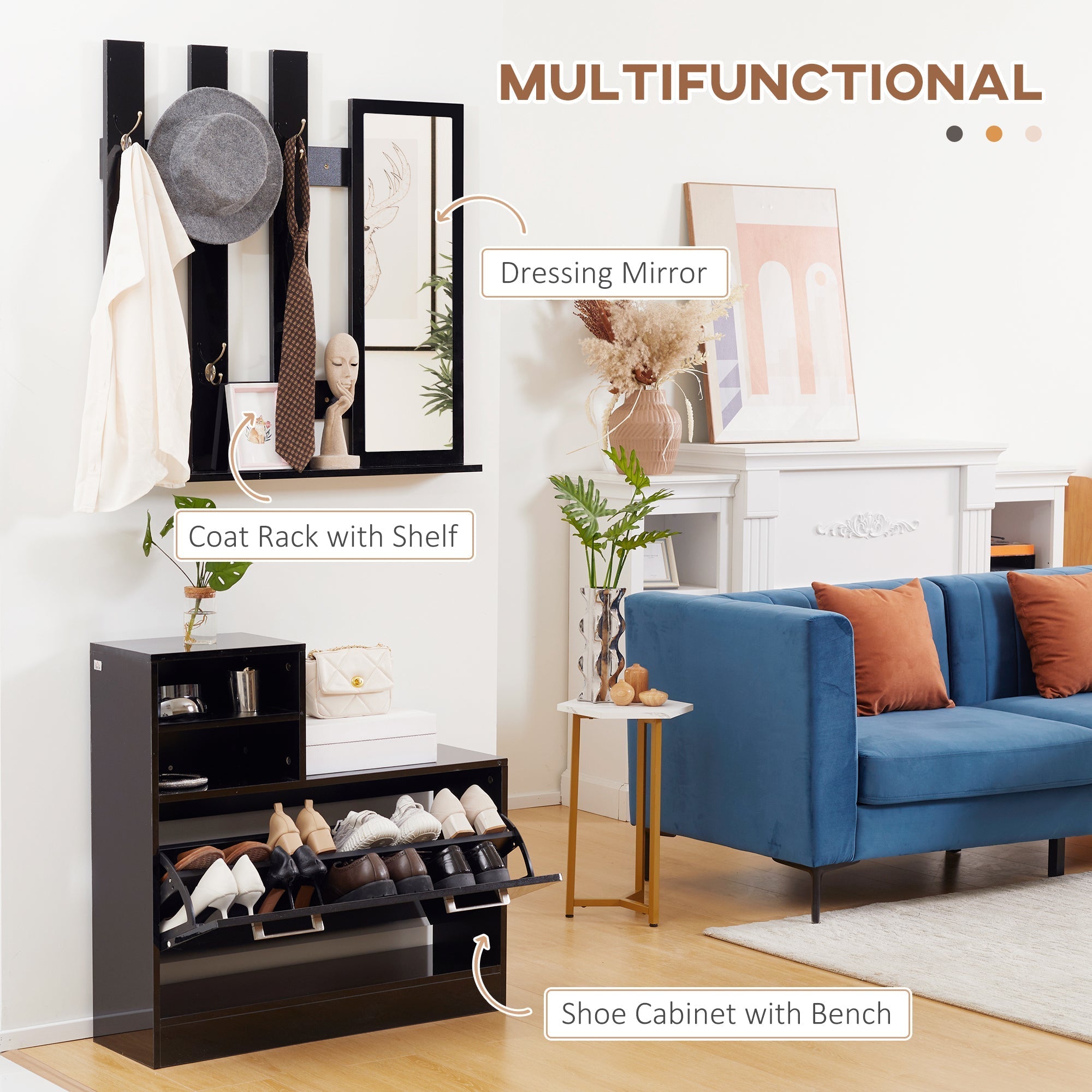 Set Appendi Entrance Dresses With Mirror And Bench Shoes For 8 Paia of Shoes, Shoned Black - Borgè