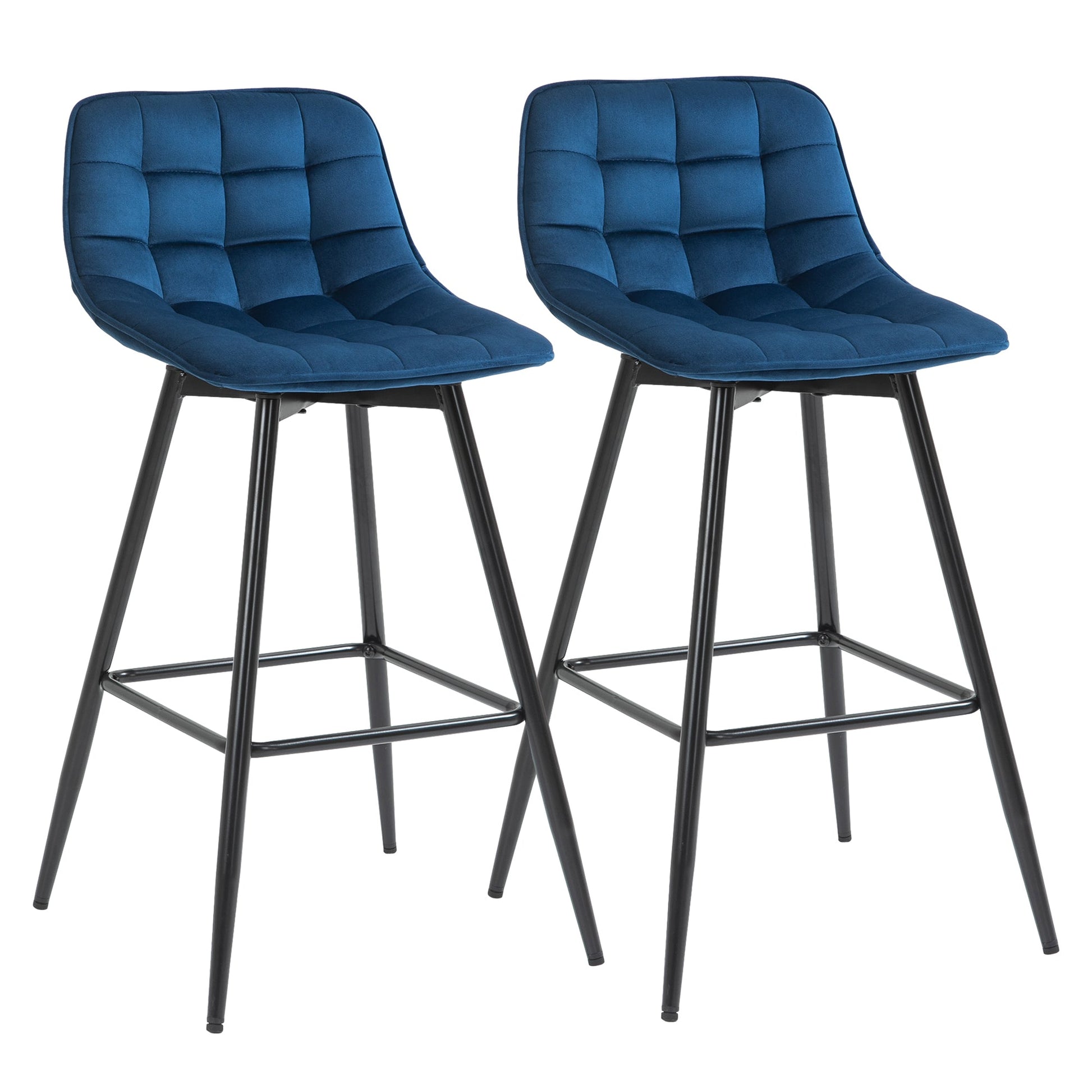 Set of 2 Bar Stools with Backrest and Footrest, Nordic Style High Upholstered Chairs in Metal and Velvet, Blue, 45x47x88cm - Borgè