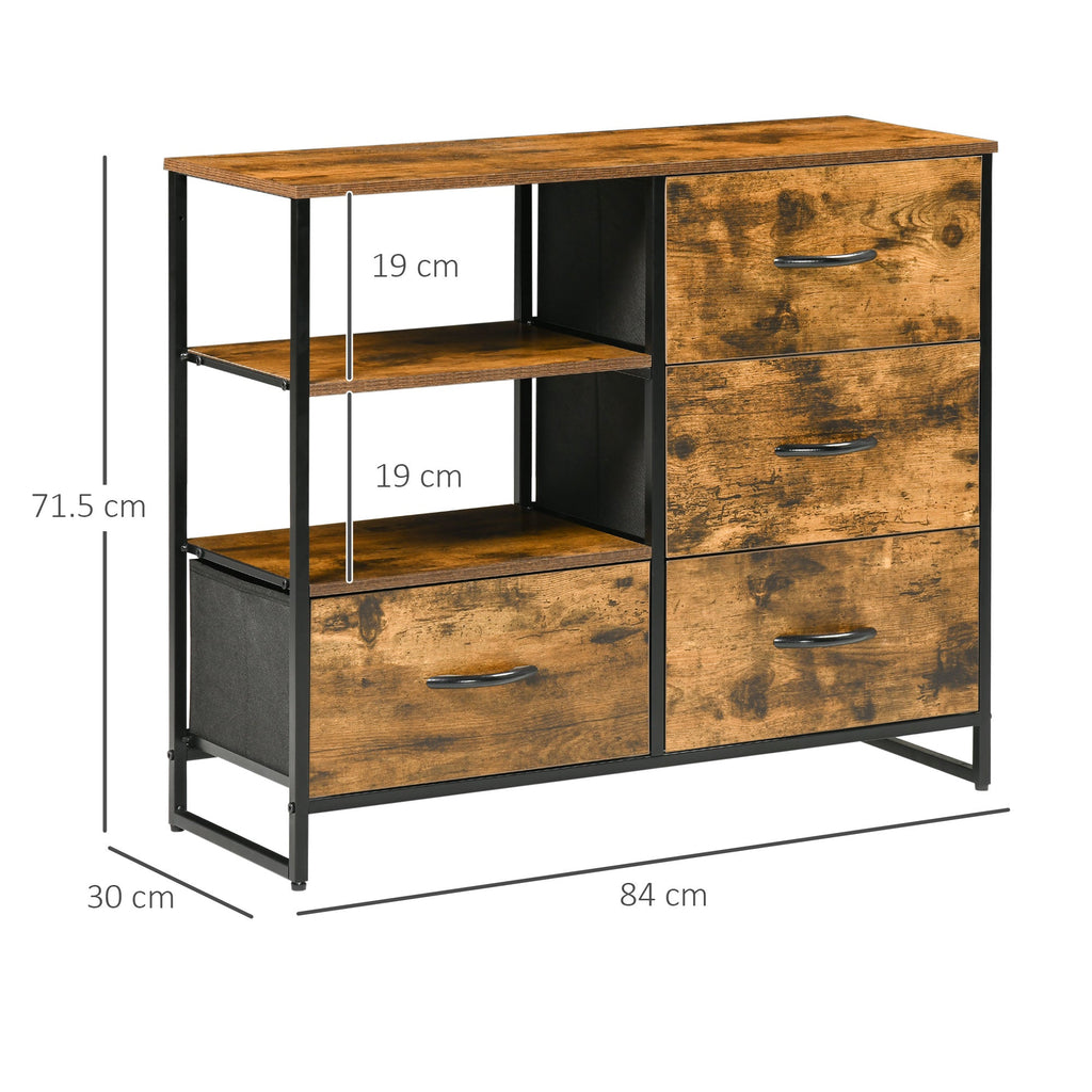 Industrial style chest of drawers with 4 drawers in folding fabric and 2 open shelves, 84x30x71.5 cm, brown - Borgè