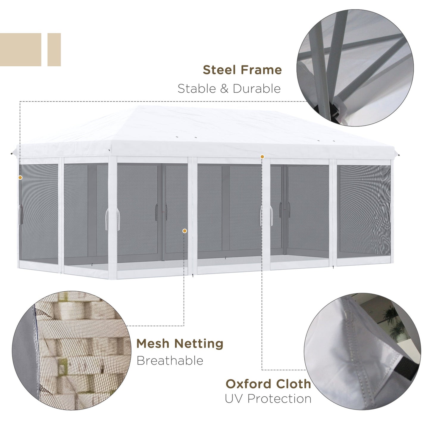 Folding gazebo outsunny with 6 mosquito nets and steel structure, 585x295x270cm, cream white - Borgè