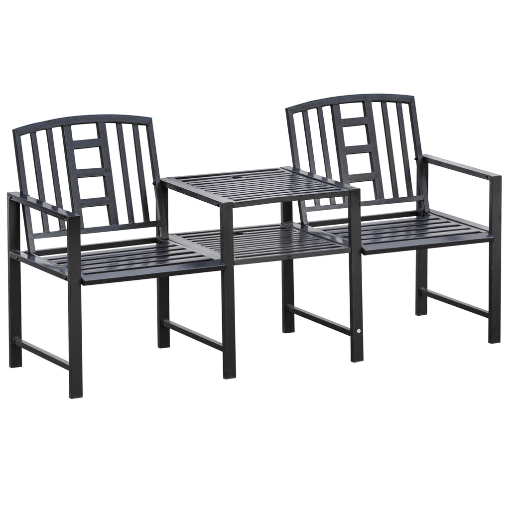 Modern 2-Seater Garden Bench with Table and Umbrella Hole Outdoor Furniture 165x56x85.5cm Black - Borge' Group Limited