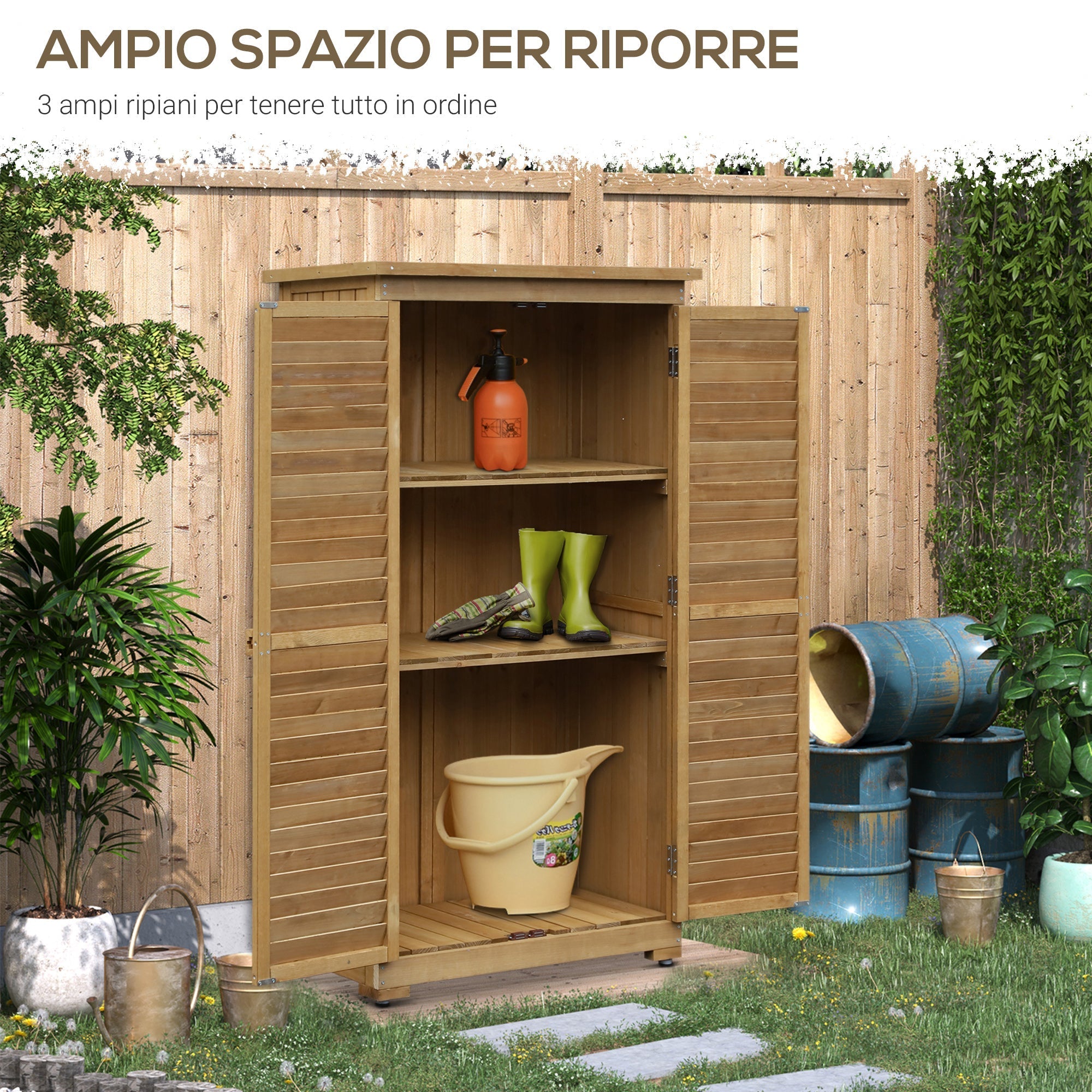 Wooden Garden Shed with Waterproof Roof, Outdoor Garden Tool Cabinet with 3 Shelves, 87x46.5x160cm - Borge' Group Limited