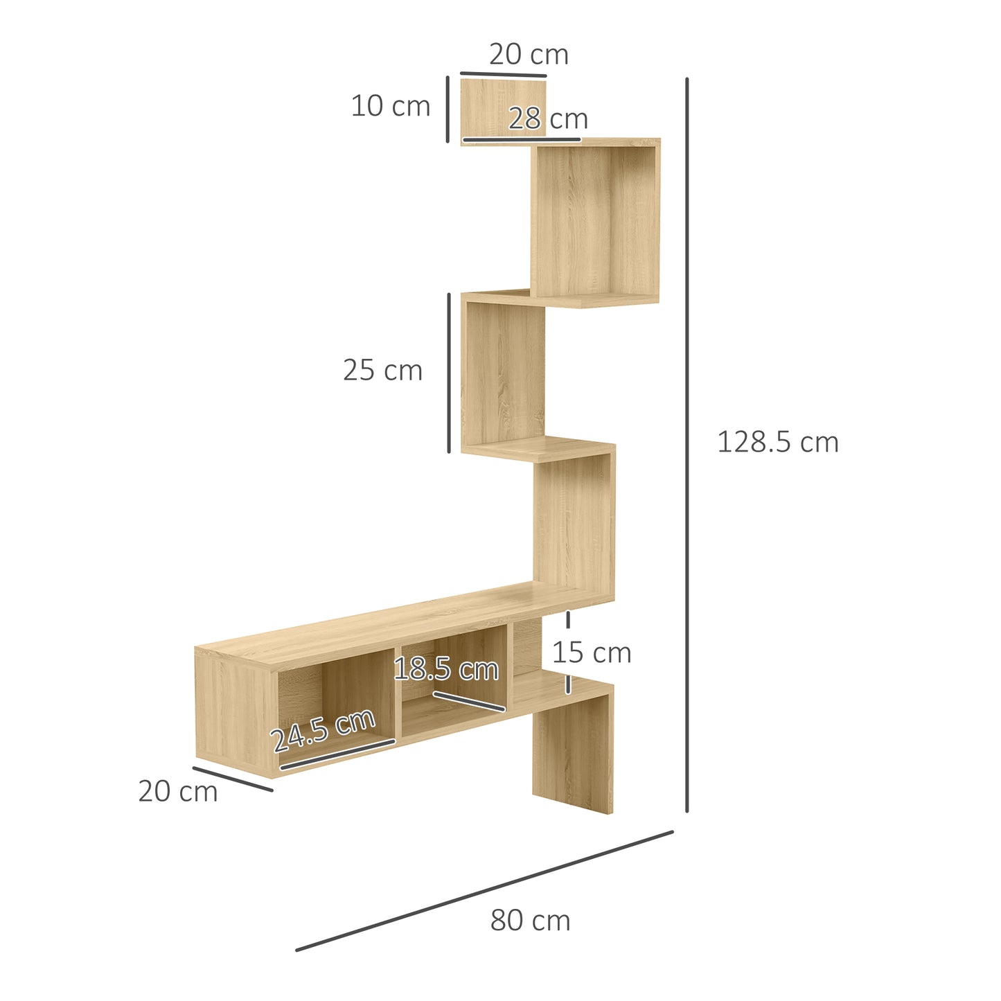 Homcom MDF storage shelf with open shelves for living room and bedroom, 80x20x128.5 cm, oak - Borgè