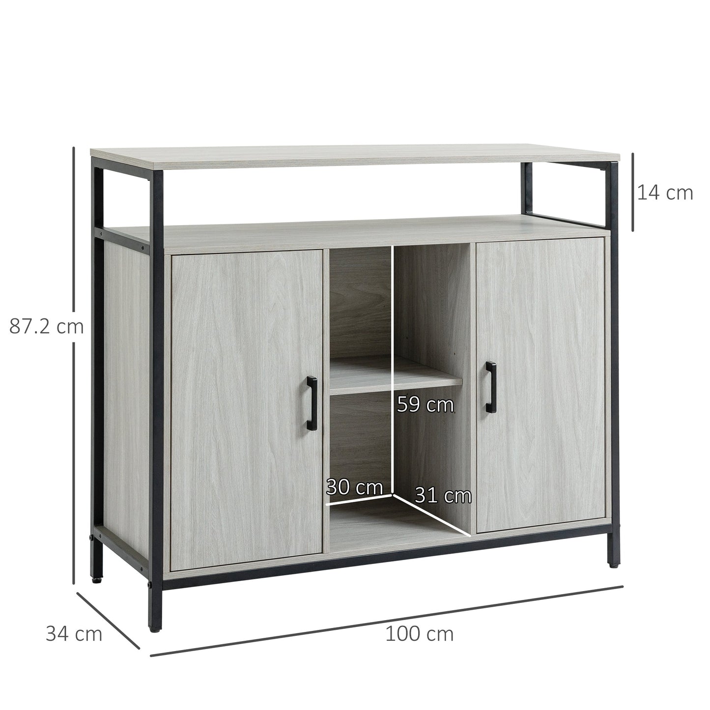 Modern wooden belief with 2 lockers and shelves, 100x34x87.2cm, light Grey - Borgè