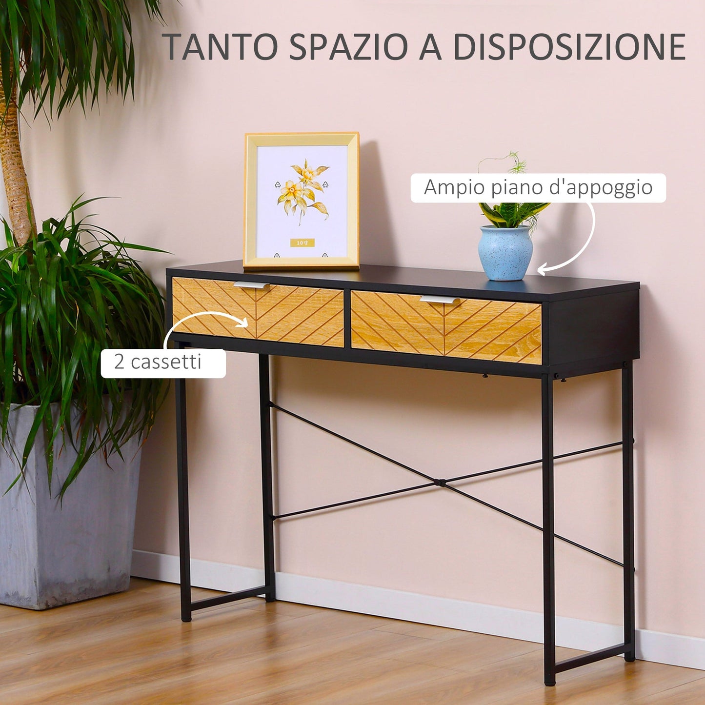 ALEA | Modern Console Table for Entrance and Living Room with 2 Metal Drawers 100x30x75cm - Black - Borgè