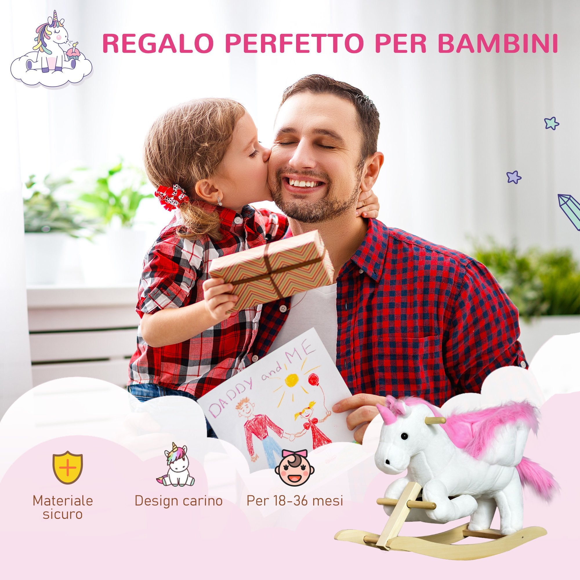Unicorn Rocking Horse with Music, Metal and Wood Frame, Plush Cover, 65x32x55cm, White Pink - Borgè