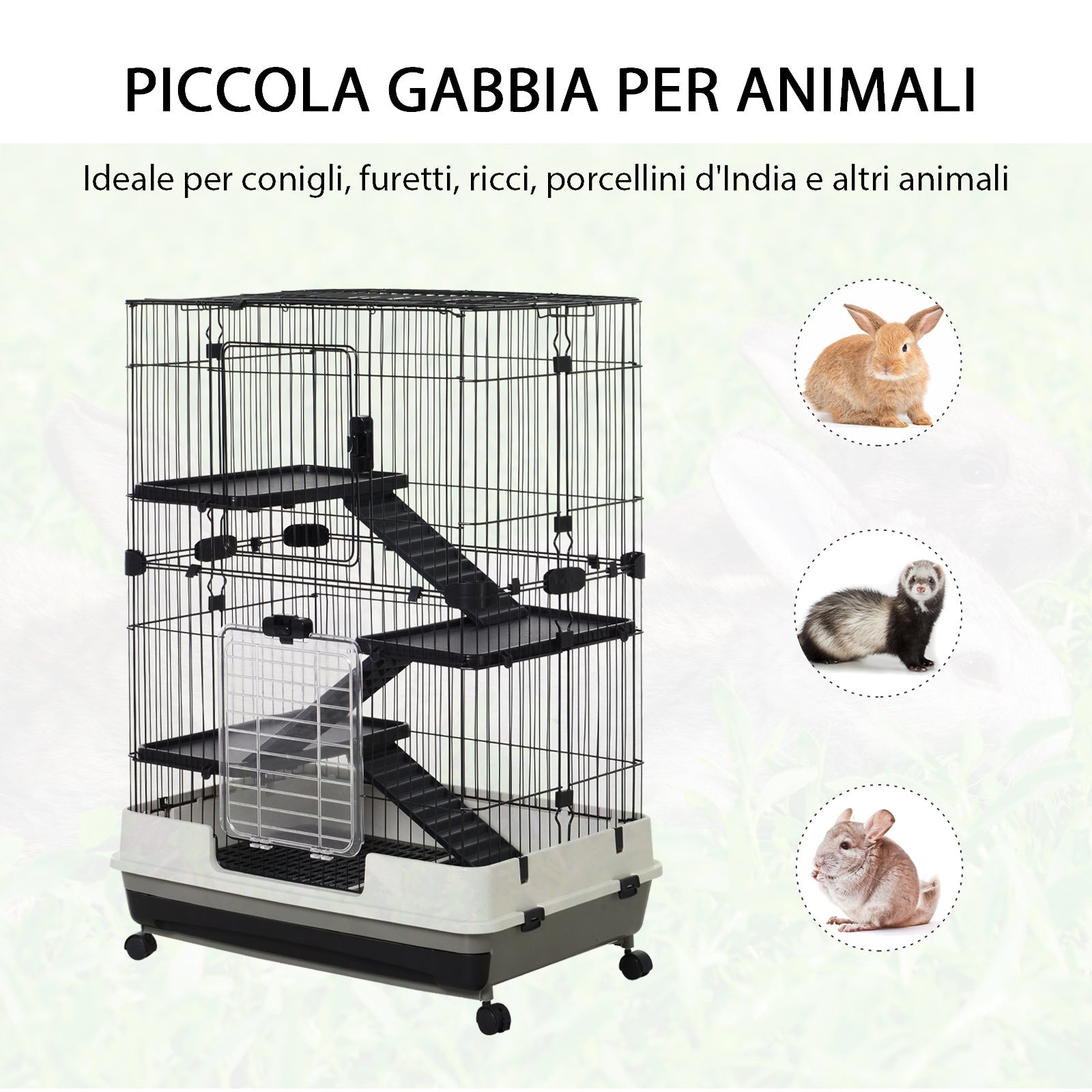 3-Tier Metal Cage with Tray for Rodents, Rabbits and Ferrets with 4 Wheels, 81.2 x 52.7 x 114 cm, Black - Borge' Group Limited