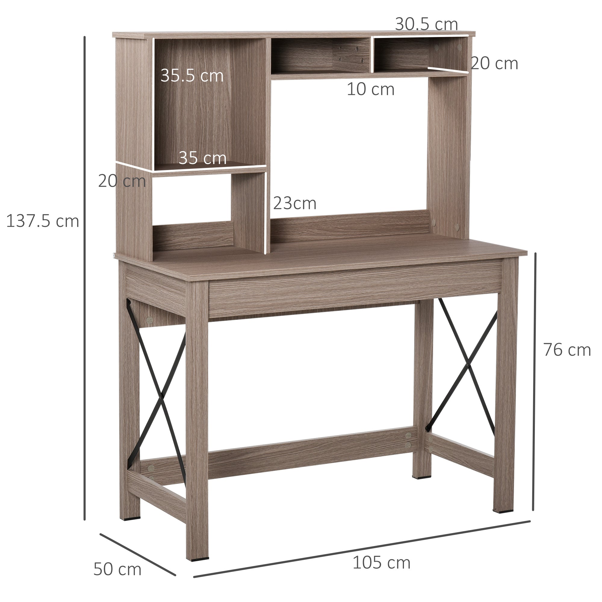 Desk Shelf with Bookcase Above in Wood for Bedroom, Children's Room or Office, Space Saving 105x50x137.5cm - Borgè