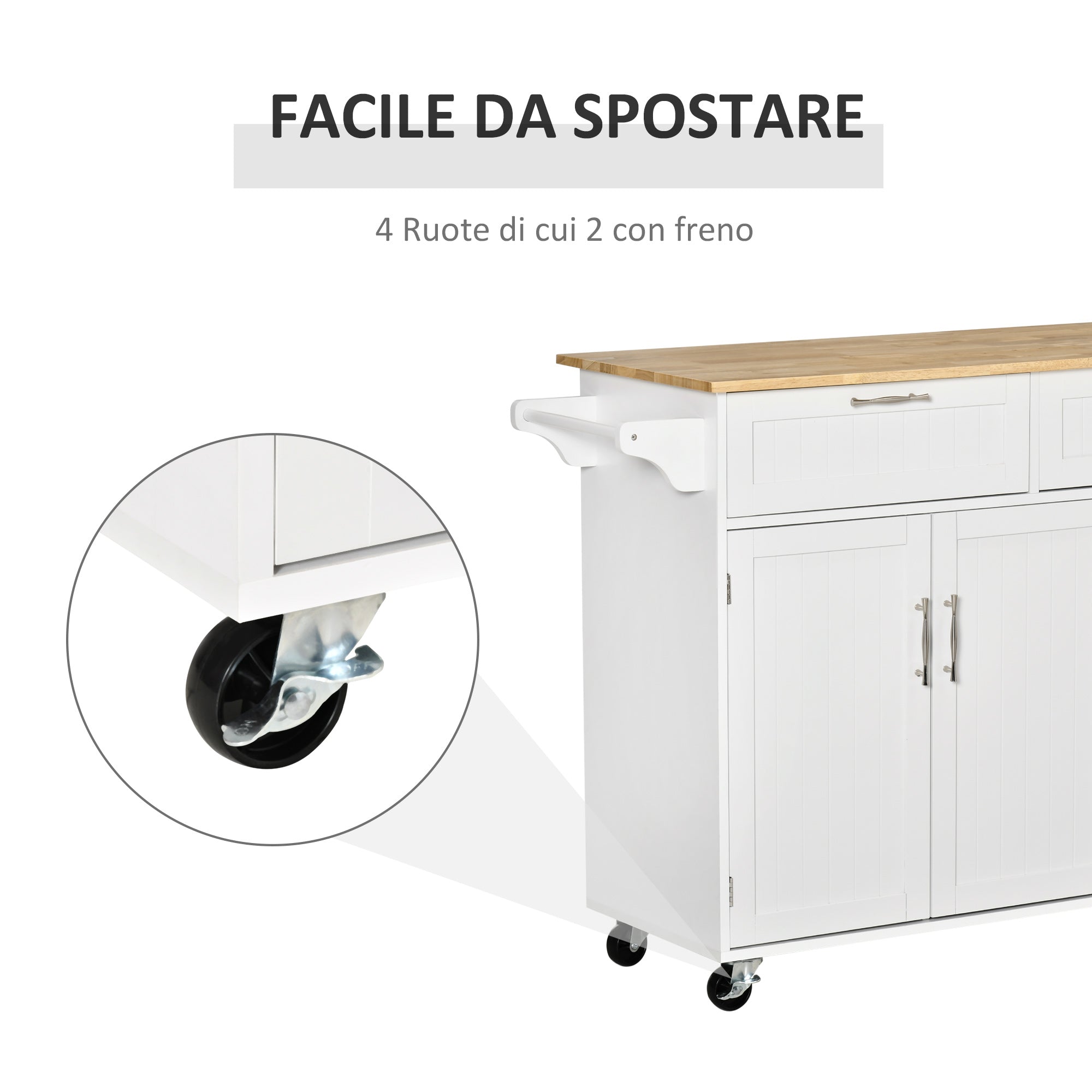 VERA | Multipurpose Wooden Kitchen Cart Trolley with 2 Drawers, 3 Doors and 4 Wheels 121x46x91cm - White - Borgè