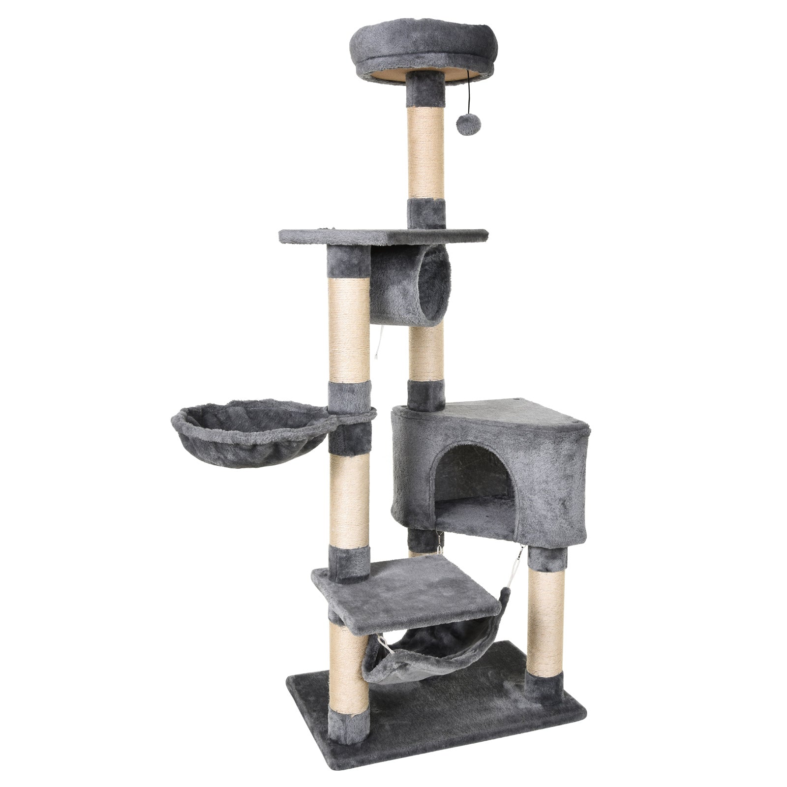 Cat Tree for cats with Scratch Pole, hammock, suspended beds and poles in sisal rope, Grey, 60x40x154cm - Borge' Group Limited