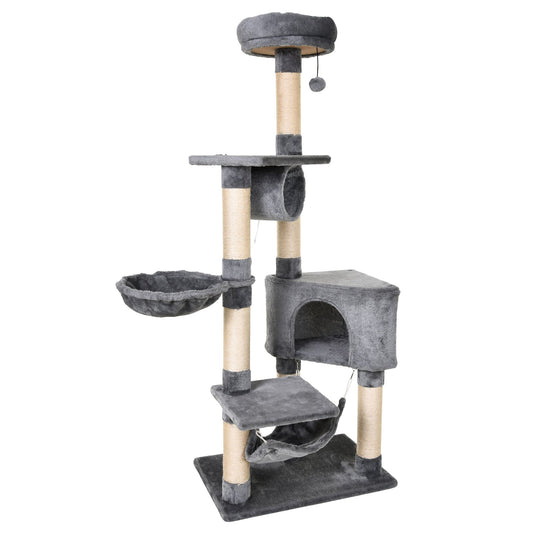 Cat Tree for cats with Scratch Pole, hammock, suspended beds and poles in sisal rope, Grey, 60x40x154cm - Borgè