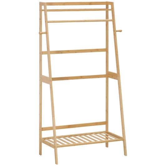 Hanging from the ground in bamboo with 2 side hooks and 2 lower shelves open, 82x36.8x140 cm, wood color