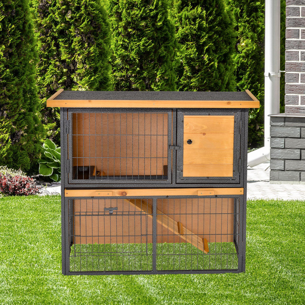 Rabbit Cage with Ramp and Open Area, 2-Tier Wooden and Metal Rabbit Hutch, Light Yellow, 89.5x45x81cm - Borge' Group Limited