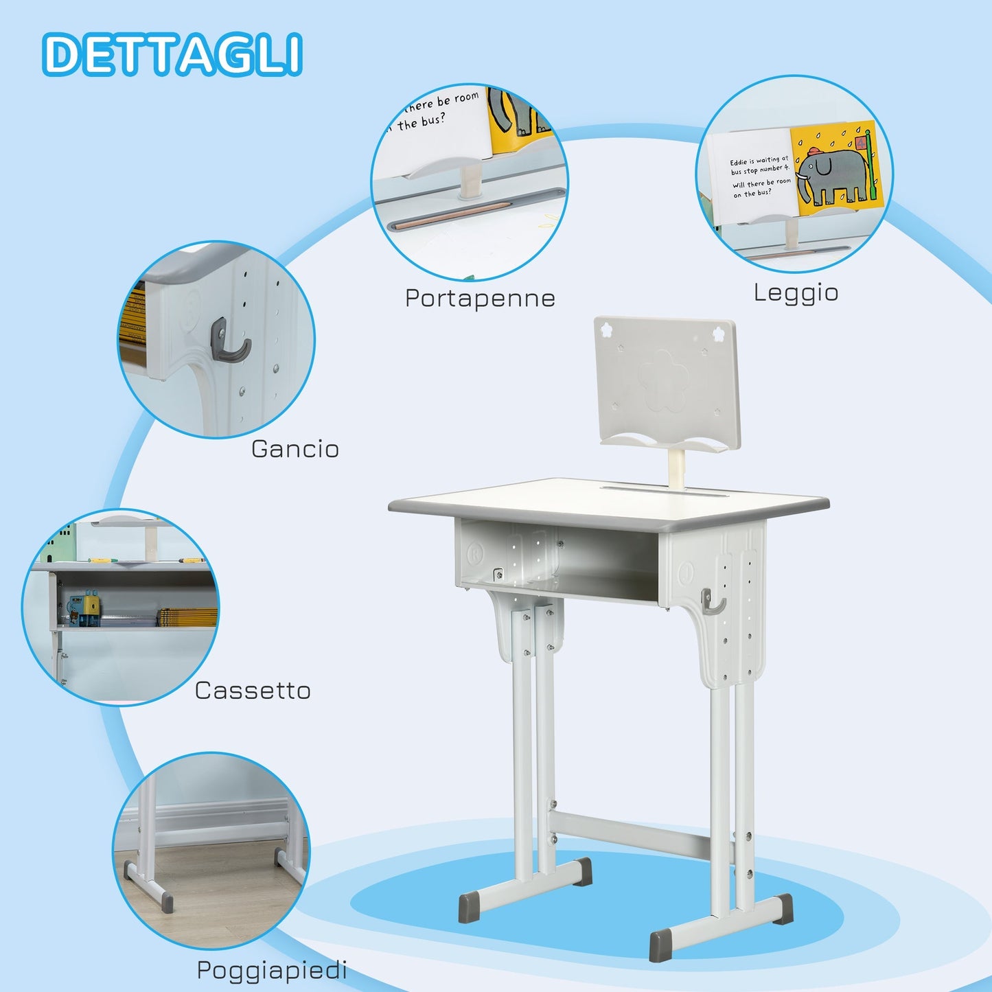 School desk with adjustable height chair and light for children 6-12 years, steel and mdf, Grey - Borgè