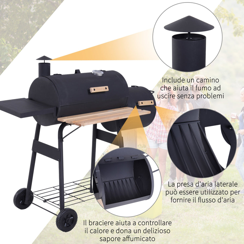 Charcoal Barbecue with Lid and Smoker, Garden BBQ with Shelves and Wheels 124x53x104 cm, Black - Borge' Group Limited