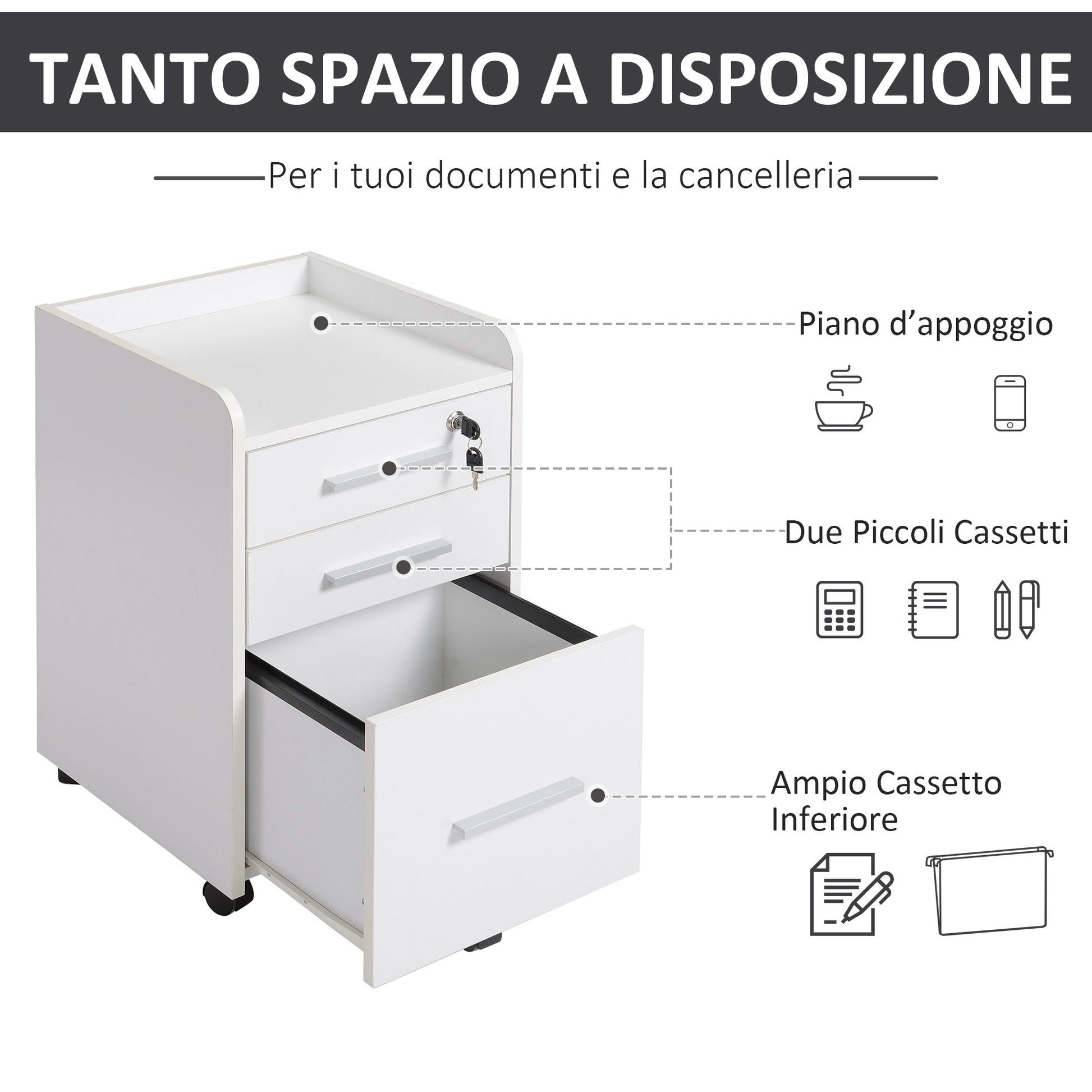 White Wooden Office Drawer with keys and 3 drawers - Borgè