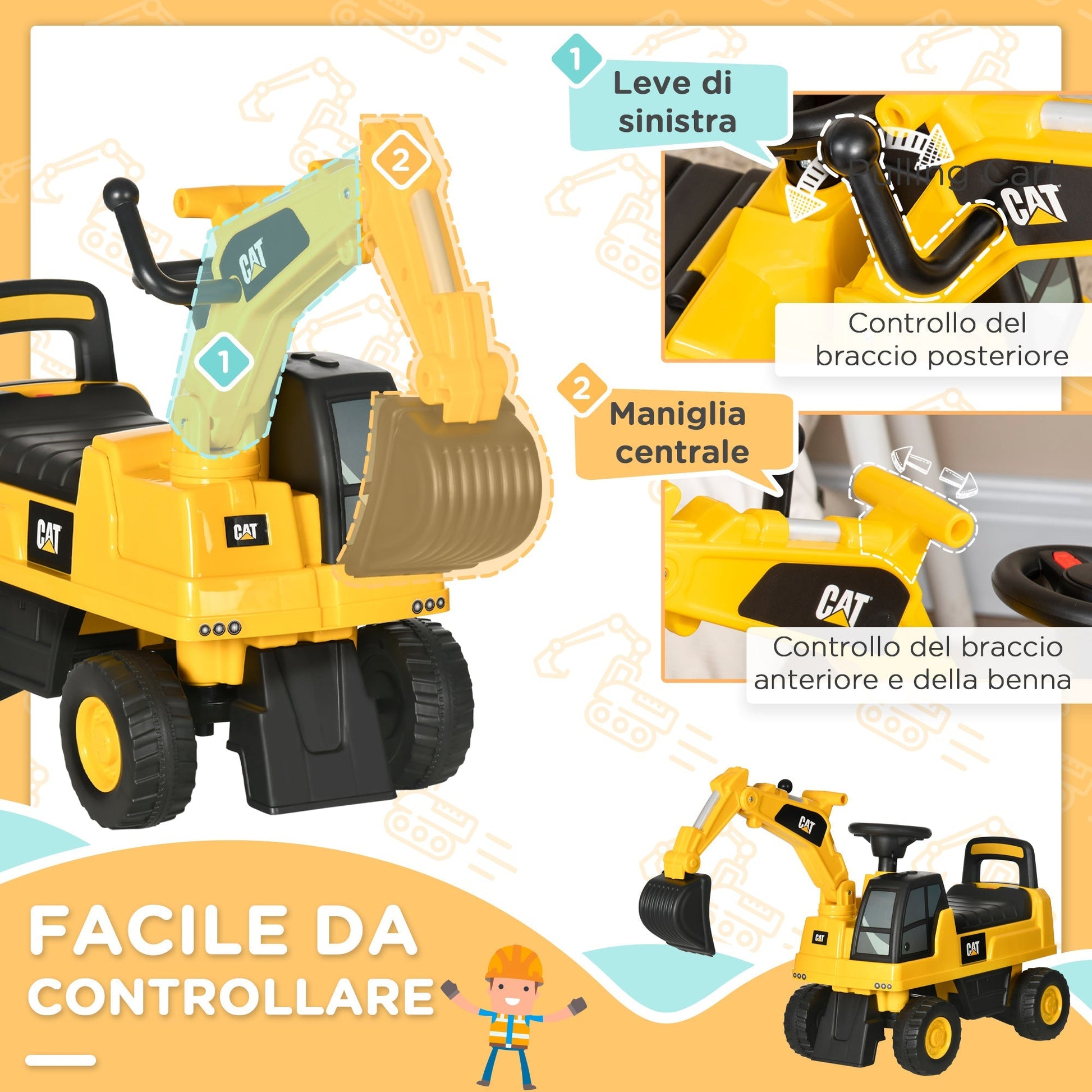 Ruspa toy for children for 1-3 years with excavator and container, without battery, yellow - Borgè