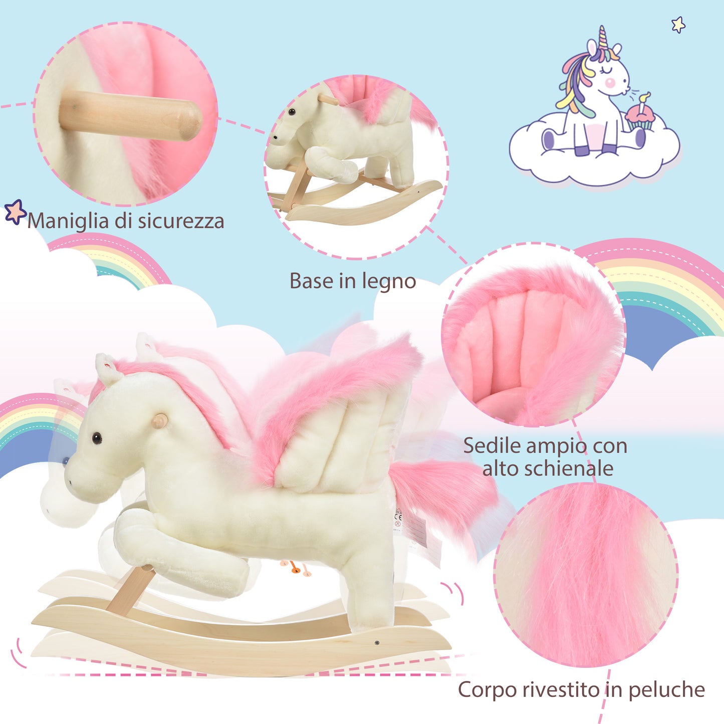 White and Pink Rocking Horse with Sounds and Poplar Wood Structure for Children 18-36 Months, 70x28x57cm