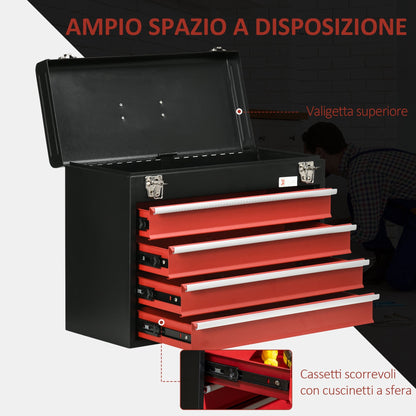 Durhand Steel toolbox with 4 drawers and upper tray, 51x22x39.5 cm, red and black - Borgè