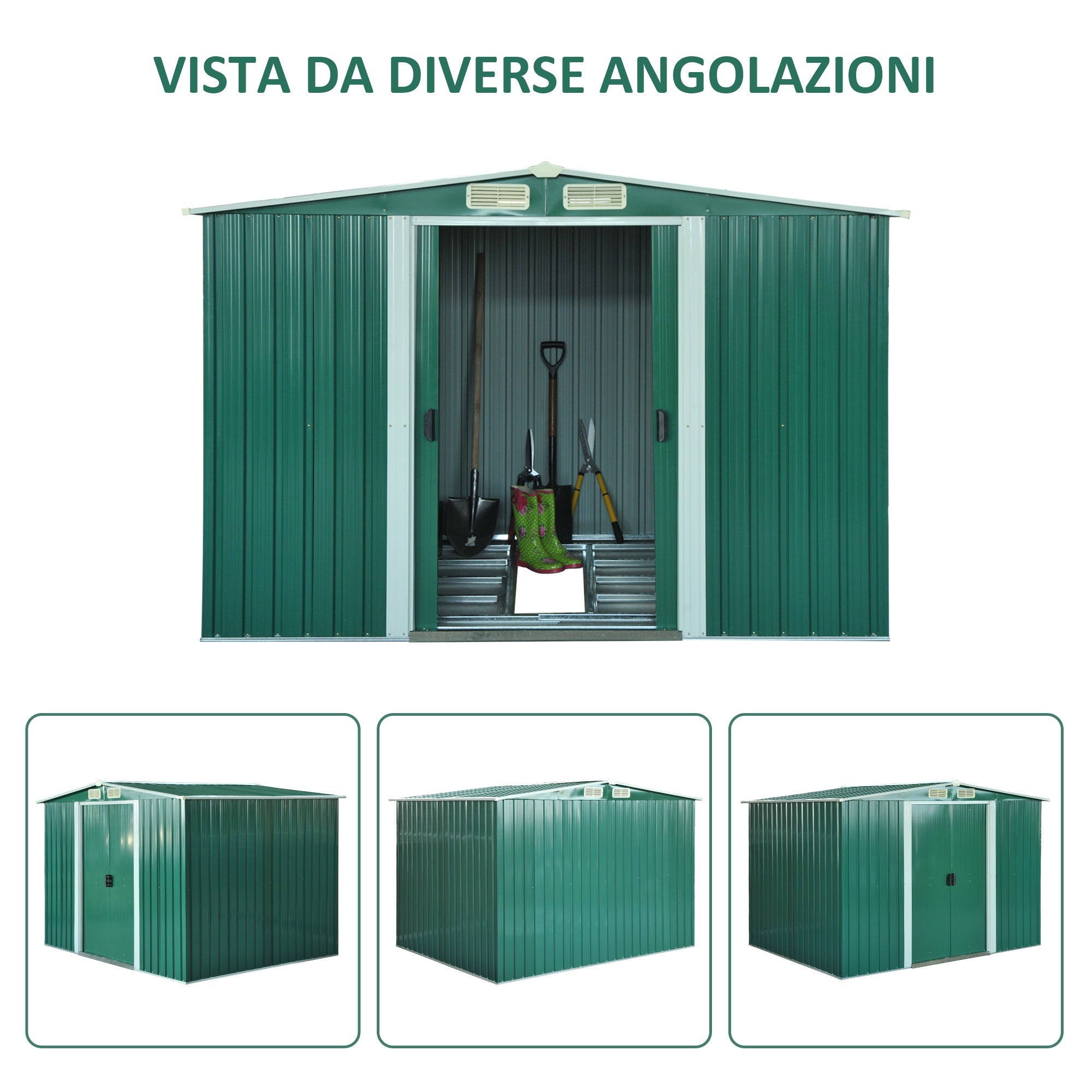 Steel Sheet Garden Tool Shed, Steel Garden Shed with Structure Base and Sliding Doors, 258x206x178cm, Green - Borge' Group Limited