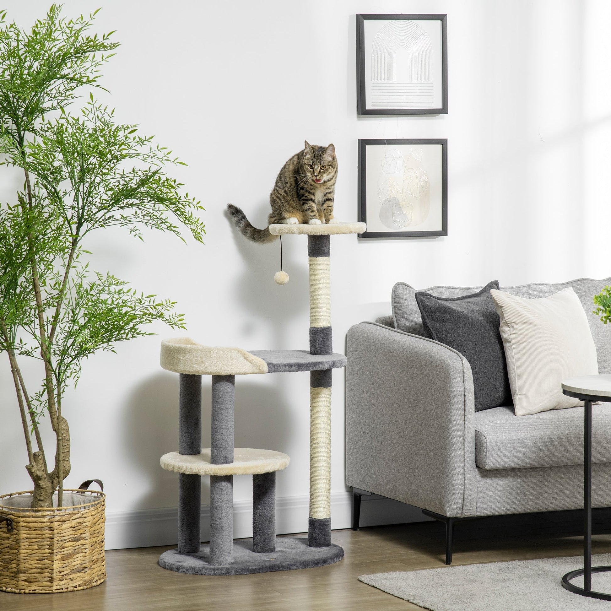 Cat Tree for cats with Scratch Pole with 3 leavels, height 105cm, Grey - Borgè