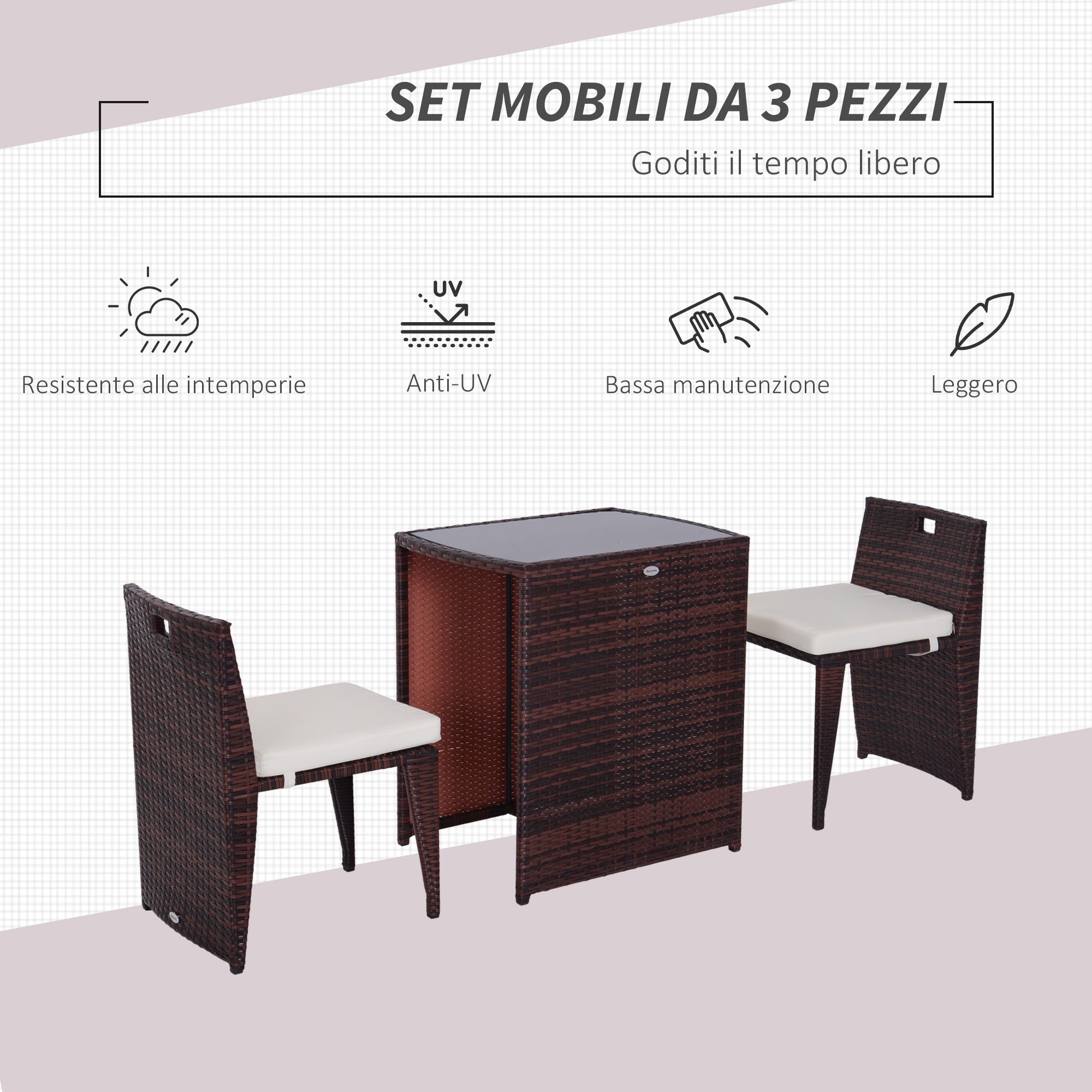 2-Piece Space-Saving Rattan Garden Furniture Set with 1 Table and 2 Chairs with Cushions, Brown and Beige - Borge' Group Limited