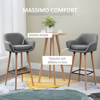 set of 2 modern bar stools with pillow, wooden legs and Grey fabric covering - Borgè