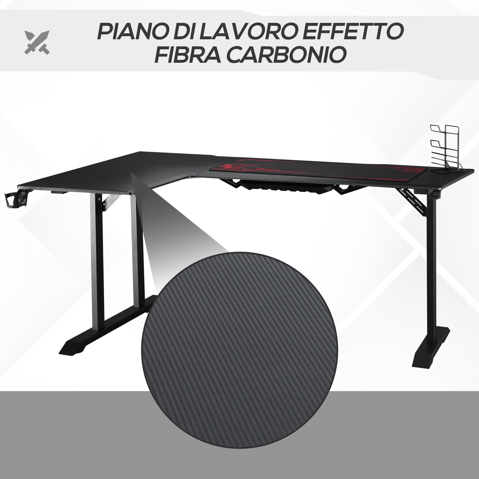 Corner Desk in Black for Gaming and Office with gamepad support and mat - Borgè