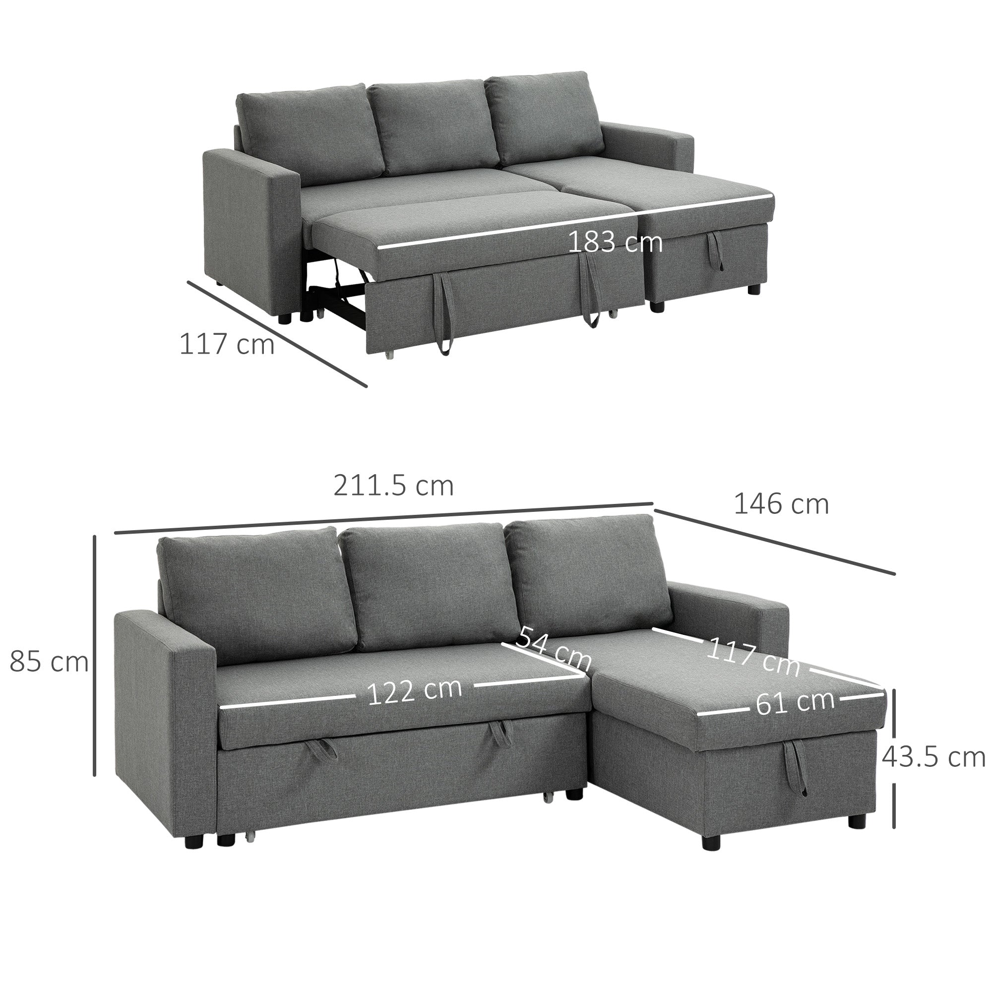 sofa bed 3 seats and peninsula with container, linen effect fabric covering, 211.5x146x85cm - Borgè
