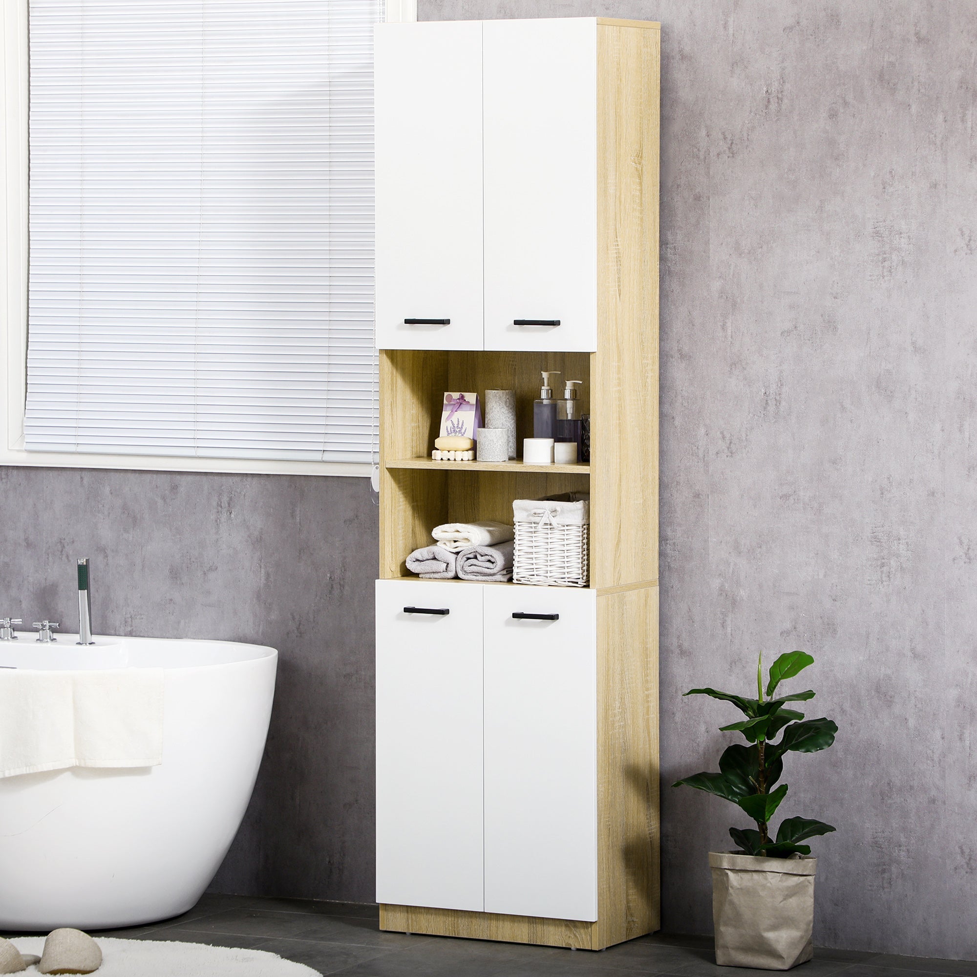 Kleankin Bathroom Cabinet in white chipboard with 2 cabinets with doors and 2 open shelves, 53x33.5x195.7 cm - Borgè