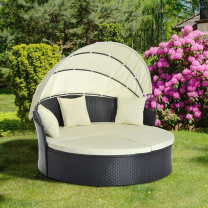 Modular Rattan Garden Sofa with Sun Awning, Lounger, Footstool, and Cushions in Cream and Black - Borgè