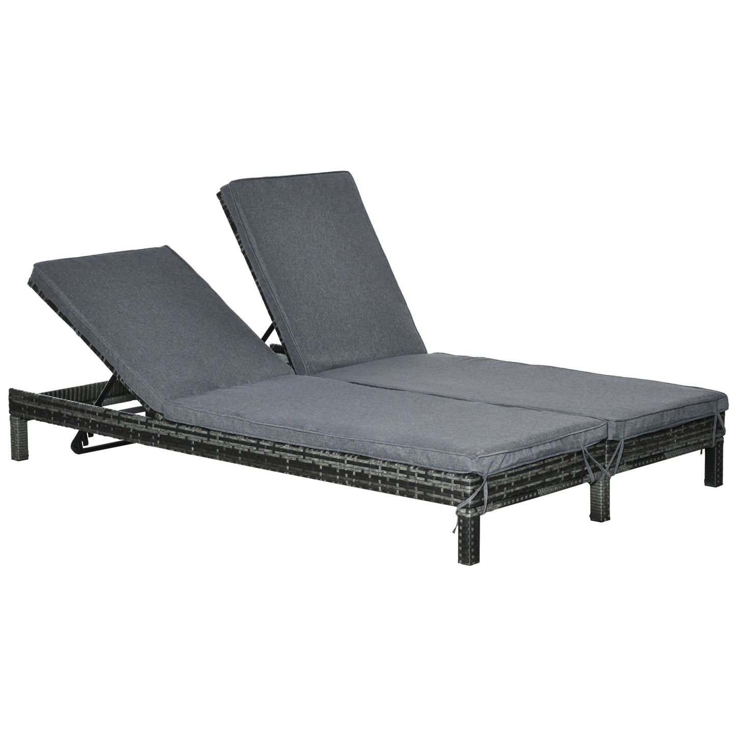 Double Seater Sun Lounger, Steel and Rattan Deckchair, Adjustable Backrest, 196 x 120 x 28cm Grey - Borgè