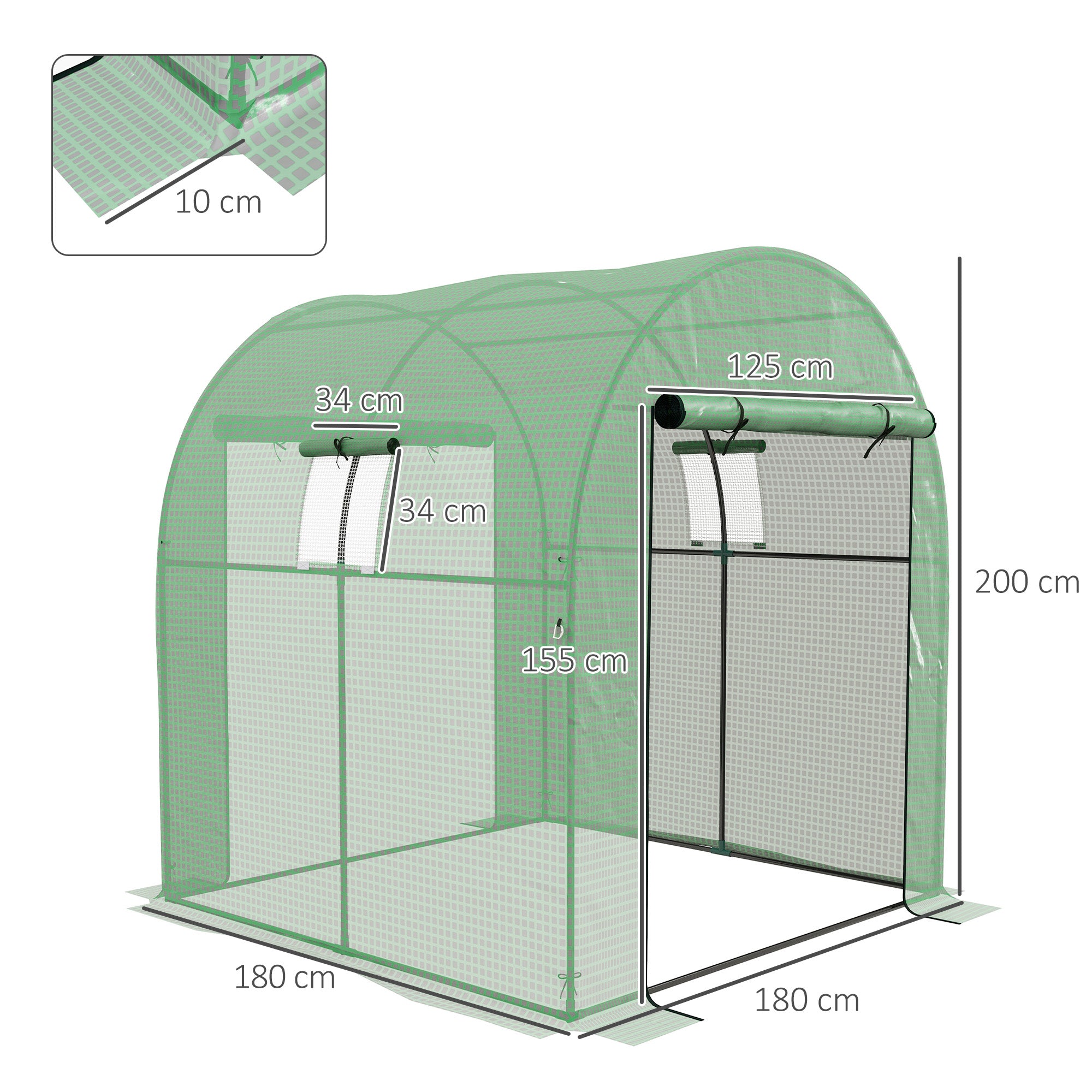 Outsunny tunnel greenhouse for vegetable garden 1.8x1.8x2m in steel and anti UV with roller shown doors and windows, green - Borgè
