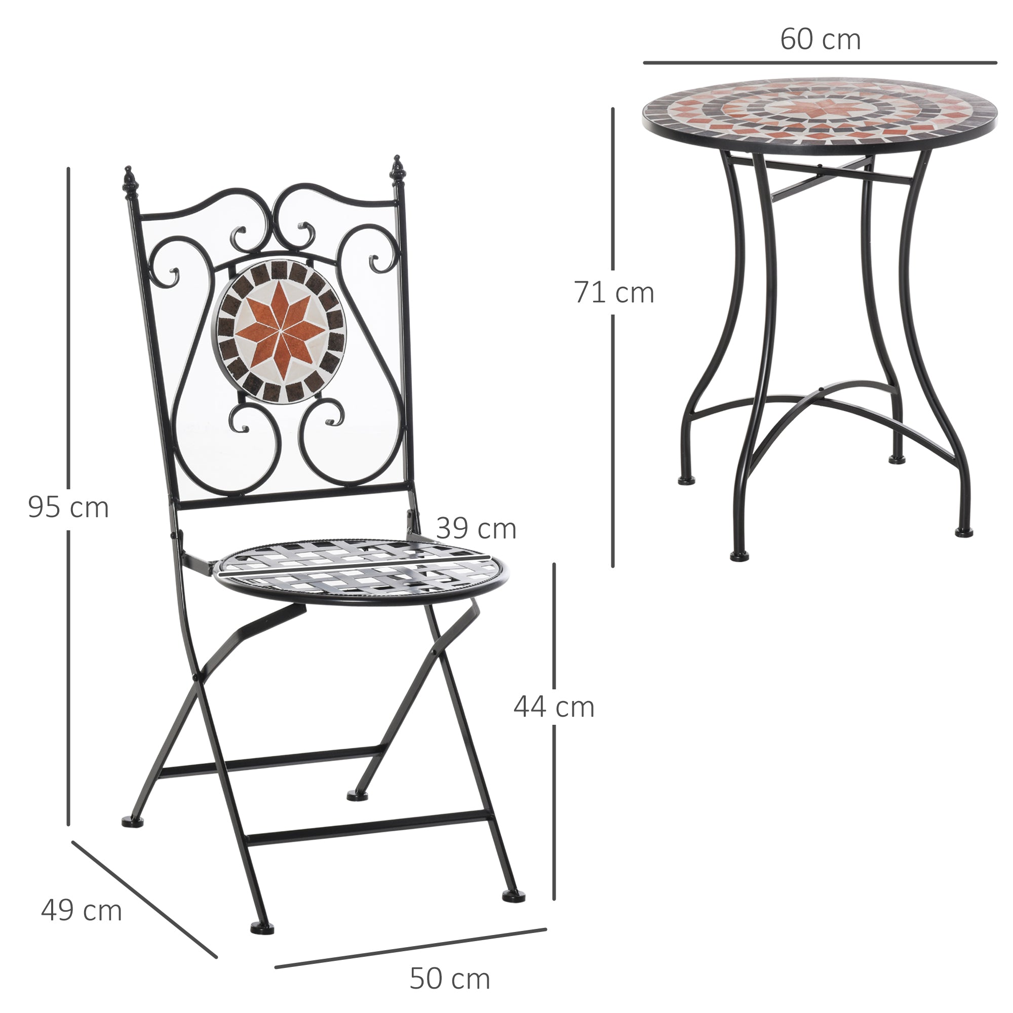 3-Piece Garden Furniture Set with 2 Folding Chairs and 1 Coffee Table, Metal and Ceramic - Borge' Group Limited