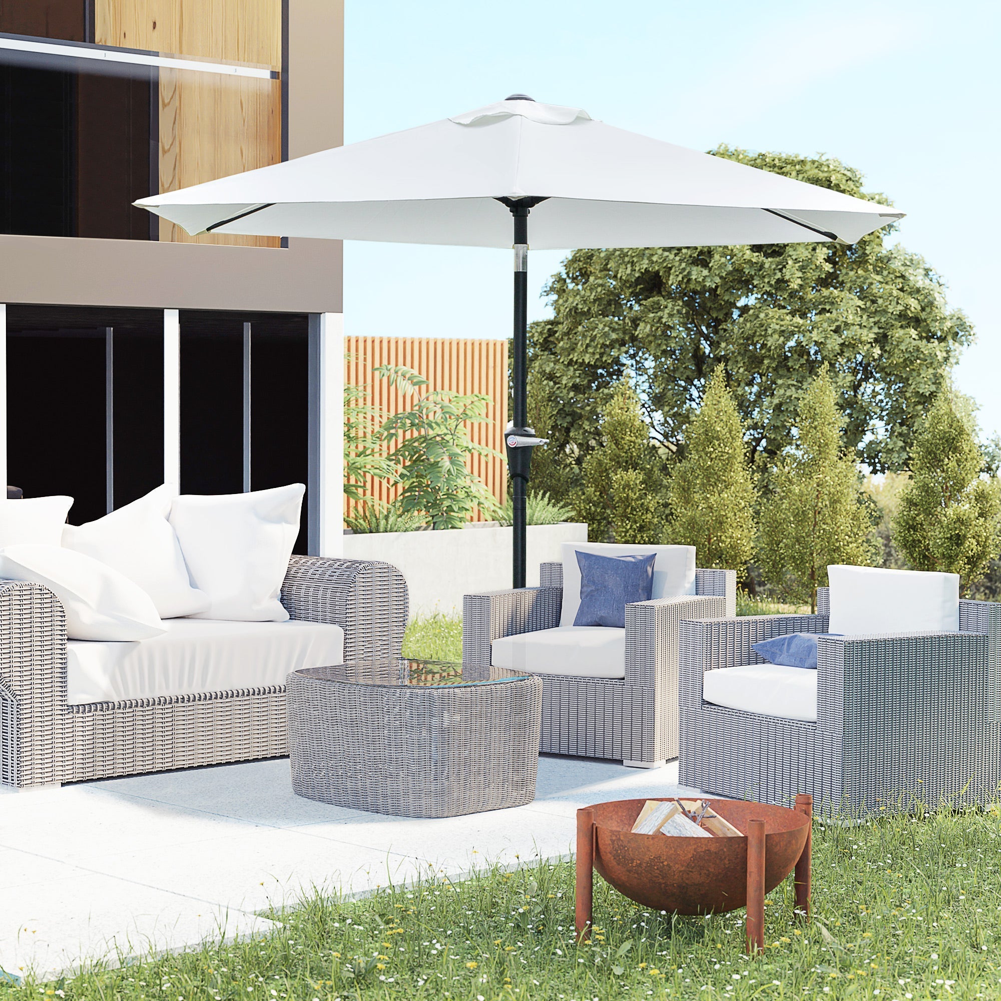 2.3x2.2m Tilting Garden Umbrella with Crank, Metal Pole and 6 Ribs, Cream - Borge' Group Limited