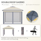 Pop Up Gazebo, Double Roof Foldable Canopy Tent with Zippered Mesh Sidewalls, Height Adjustable and Carrying Bag, Event Tent for Patio Garden Backyard, Beige 330x330x288cm - Borge' Group Limited