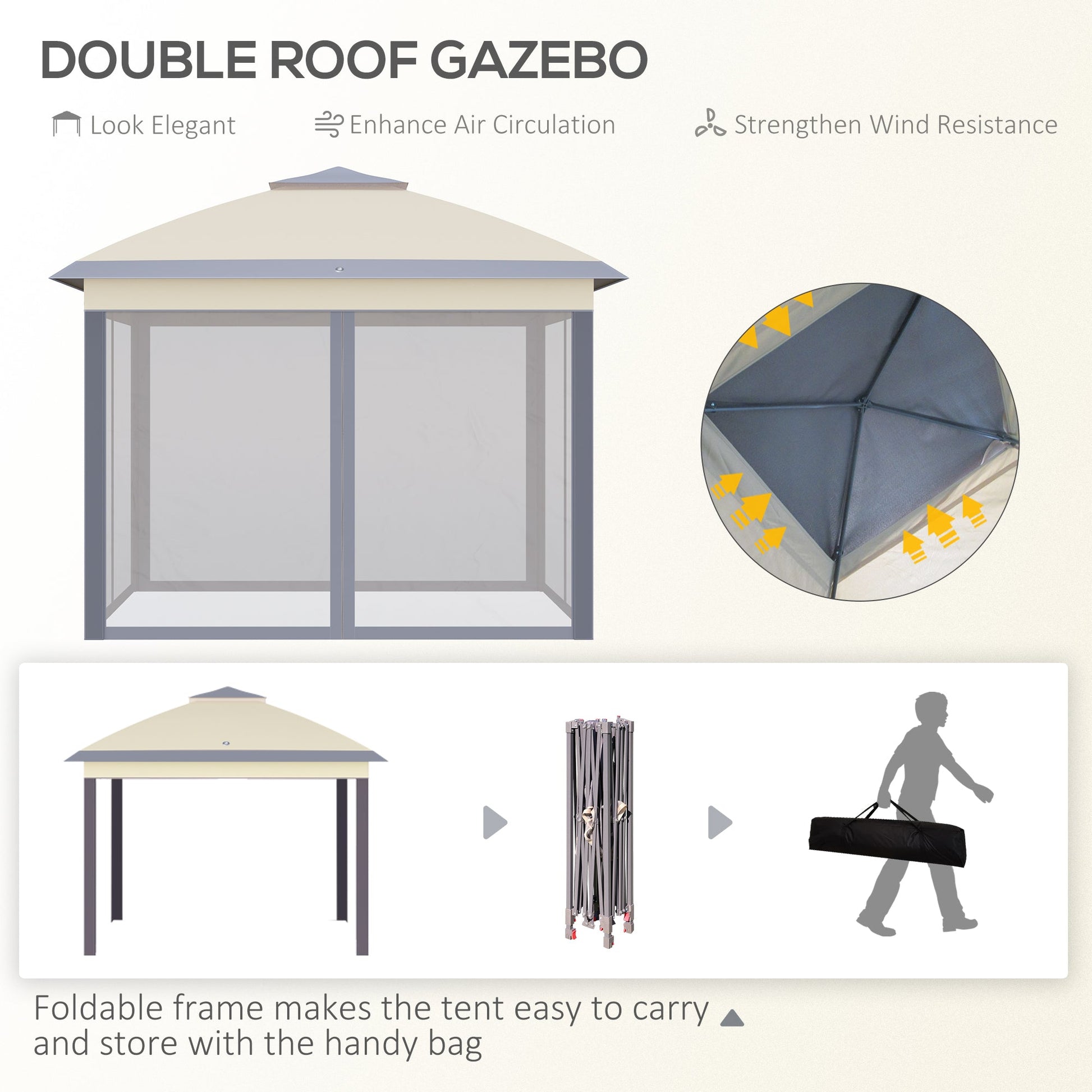 Pop Up Gazebo, Double Roof Foldable Canopy Tent with Zippered Mesh Sidewalls, Height Adjustable and Carrying Bag, Event Tent for Patio Garden Backyard, Beige 330x330x288cm - Borgè